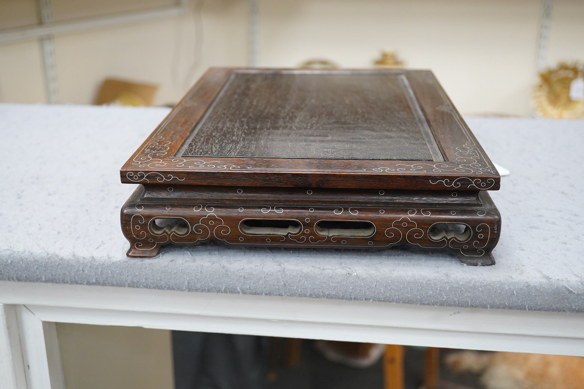 A Chinese silver wire inlaid hardwood stand, late 19th century